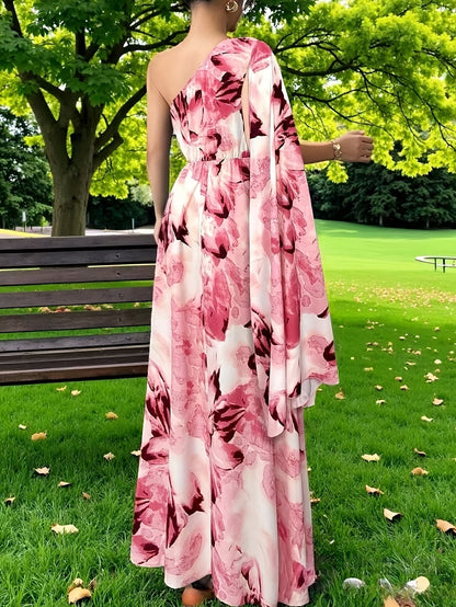 Elegant Floral Maxi Dress for Women with One Shoulder Draped Sleeve Formal Wedding Guest Style