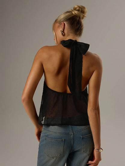 Elegant Black Swiss Dot Halter Top for Women with Twist Front Sleeveless Backless Cocktail Style