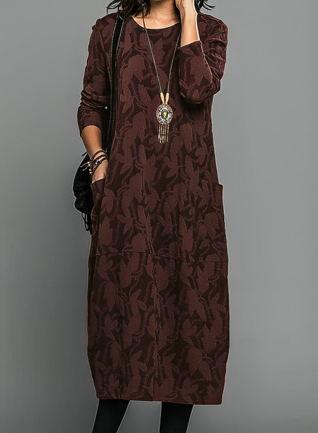 Elegant Textured Maxi Dress for Women with Round Neck Long Sleeve Relaxed Fit Formal Wedding Guest Style