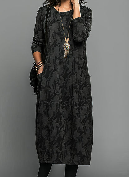 Elegant Textured Maxi Dress for Women with Round Neck Long Sleeve Relaxed Fit Formal Wedding Guest Style