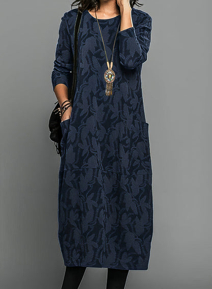 Elegant Textured Maxi Dress for Women with Round Neck Long Sleeve Relaxed Fit Formal Wedding Guest Style