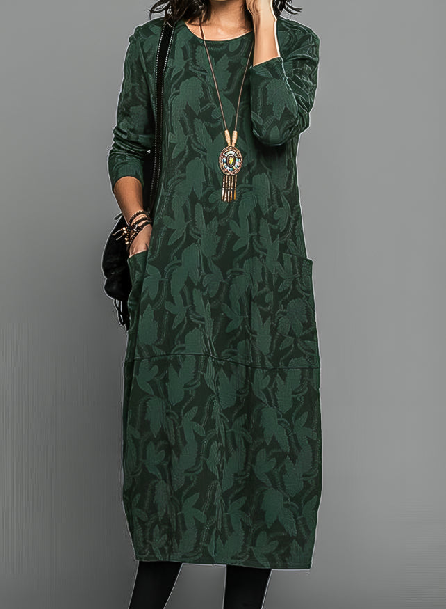 Elegant Textured Maxi Dress for Women with Round Neck Long Sleeve Relaxed Fit Formal Wedding Guest Style