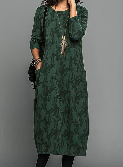 Elegant Textured Maxi Dress for Women with Round Neck Long Sleeve Relaxed Fit Formal Wedding Guest Style