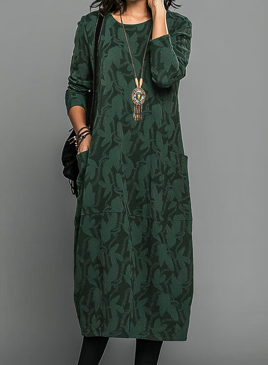 Elegant Textured Maxi Dress for Women with Round Neck Long Sleeve Relaxed Fit Formal Wedding Guest Style
