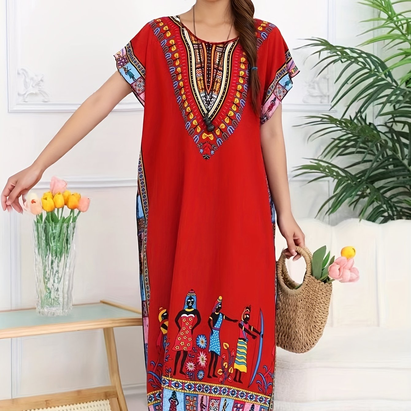 Effortless Dashiki Print Kaftan Dress for Women with V Neck Short Sleeve Relaxed Bohemian Style