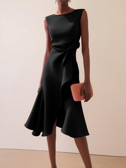 Elegant Draped Midi Dress for Women with Round Neck Sleeveless Asymmetrical Ruffle Flowing Style