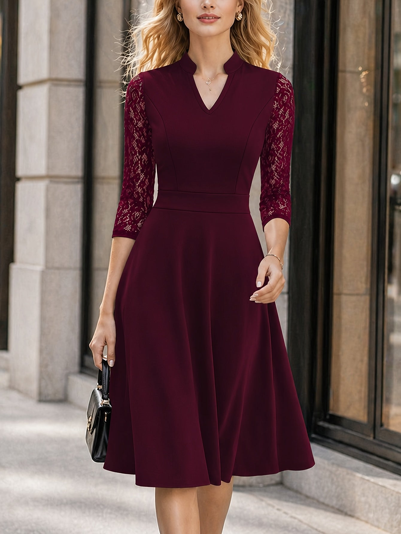 Elegant Lace Trim Midi Dress for Women with Notch V Neck Elbow Sleeve Fit and Flare Cocktail Style