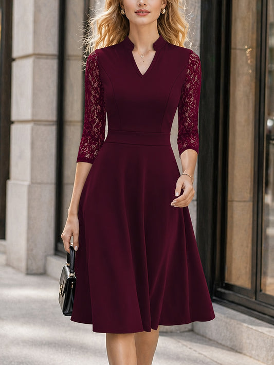 Elegant Lace Trim Midi Dress for Women with Notch V Neck Elbow Sleeve Fit and Flare Cocktail Style