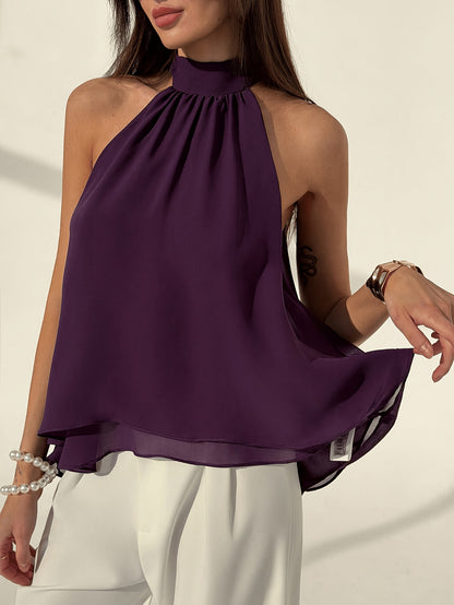 Elegant Purple Chiffon Halter Top for Women with High Neck Sleeveless Asymmetric Hem Flowing Style