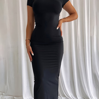 Elegant Bodycon Maxi Dress for Women with Round Neck Short Sleeve Ruched Cocktail Style
