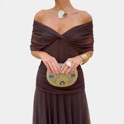 Elegant Off Shoulder Maxi Dress for Women with Draped Bodice Ruched Waist Formal Wedding Guest Style