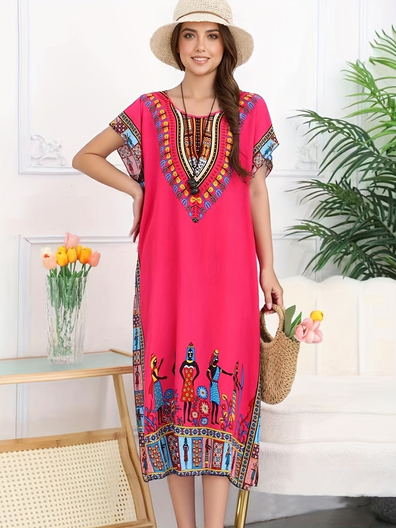 Effortless Dashiki Print Kaftan Dress for Women with V Neck Short Sleeve Relaxed Bohemian Style