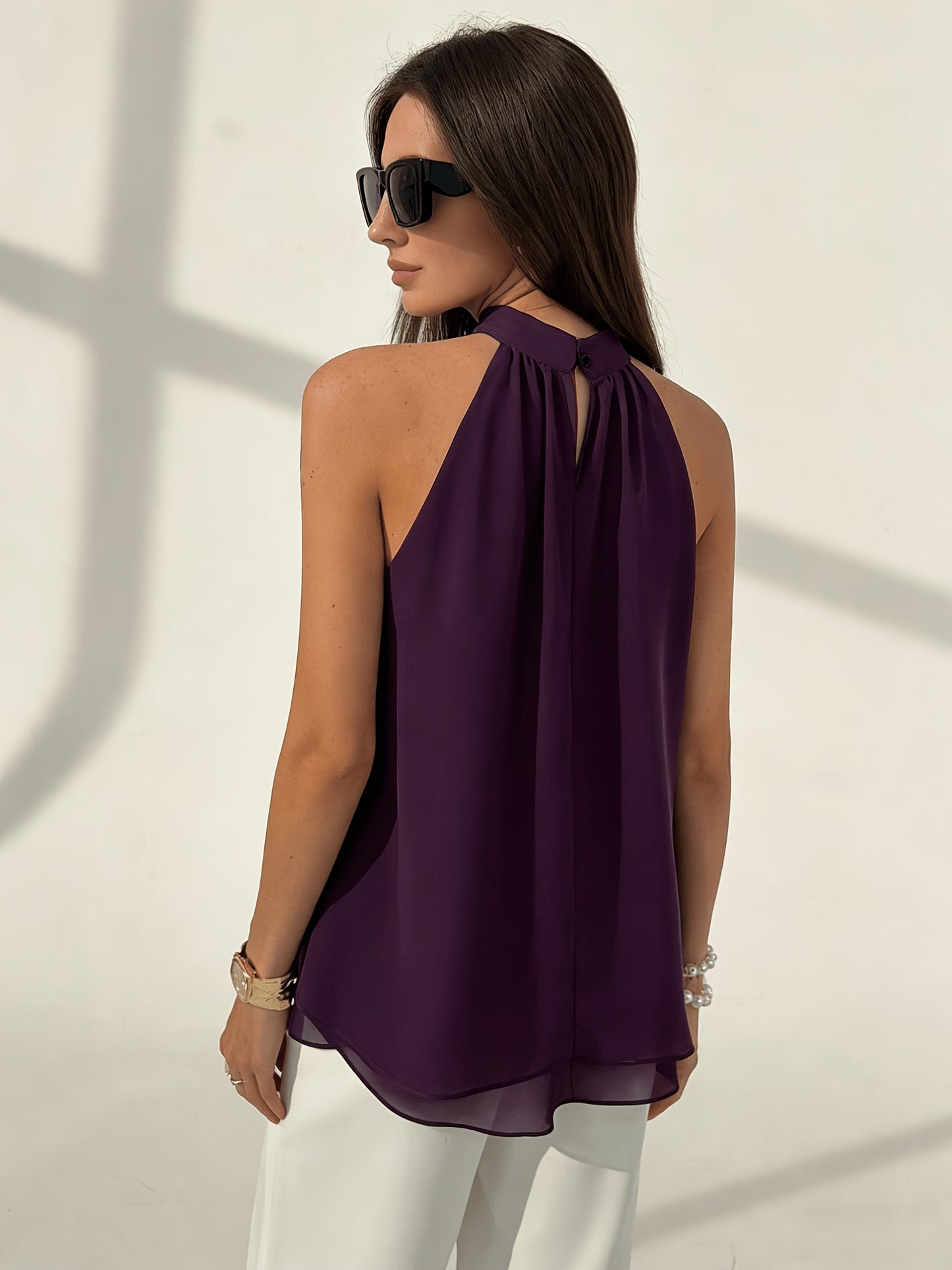 Elegant Purple Chiffon Halter Top for Women with High Neck Sleeveless Asymmetric Hem Flowing Style