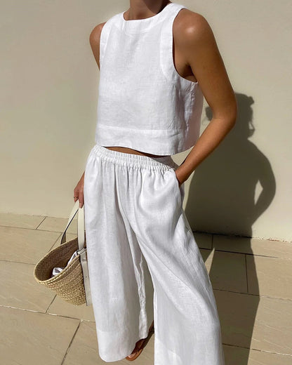 Effortless Linen Wide Leg Set for Women with Square Neck Sleeveless Elastic Waist Two Piece Style