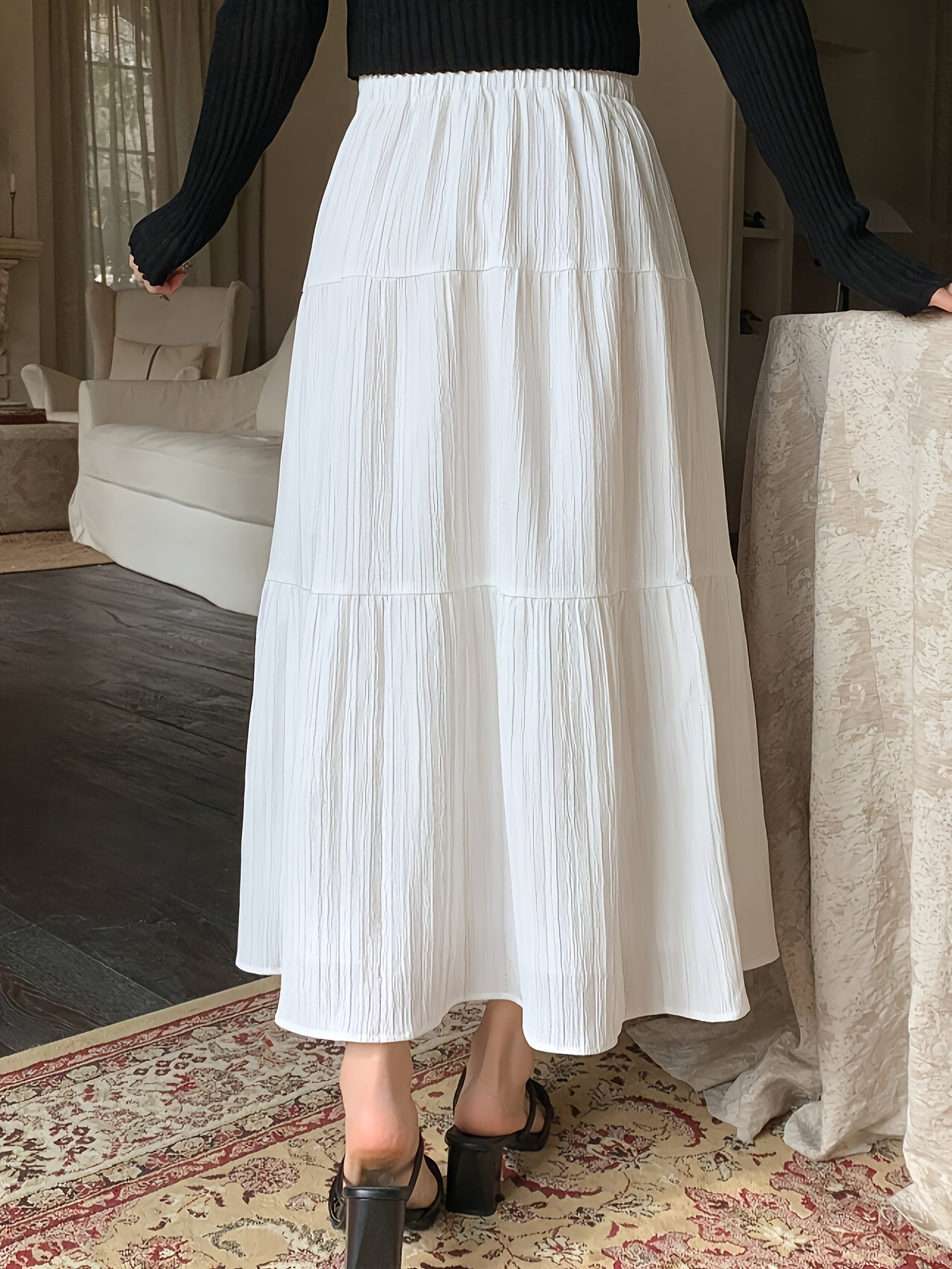 Elegant White Tiered Maxi Skirt for Women with High Waist Elastic Flowing A Line Style