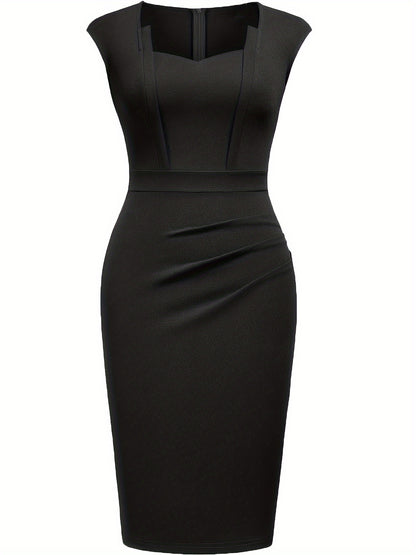 Elegant Sheath Midi Dress for Women with Sweetheart Neckline Cap Sleeve Ruched Bodycon Work Style