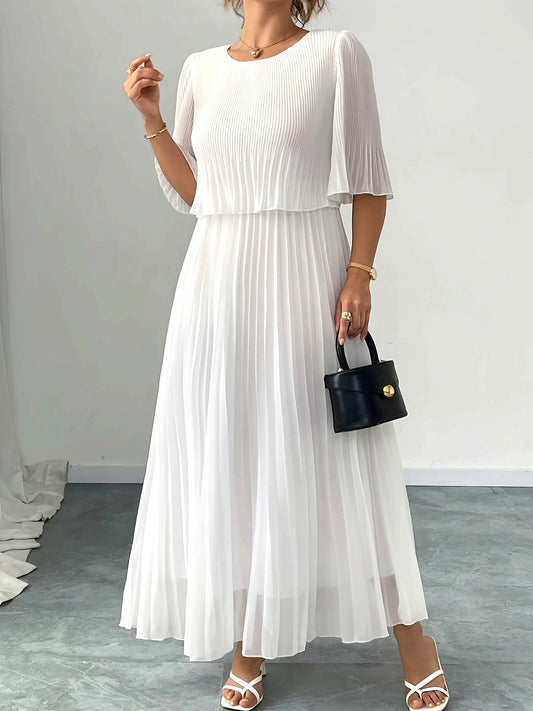 Elegant White Chiffon Maxi Dress for Women with Batwing Sleeve Pleated Skirt Formal Wedding Guest Style
