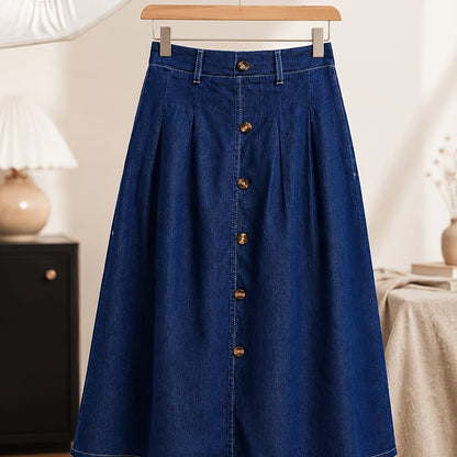 Effortless Medium Blue Denim Midi Skirt for Women with Button Front A Line Pleated Style