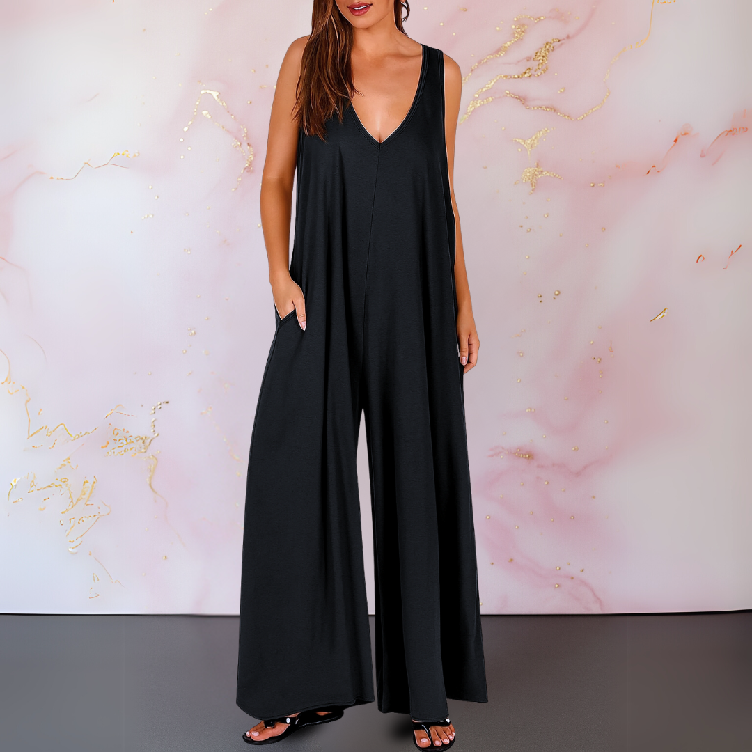 Effortless Wide Leg Jumpsuit for Women with V Neck Sleeveless Pocket Relaxed Flowing Style