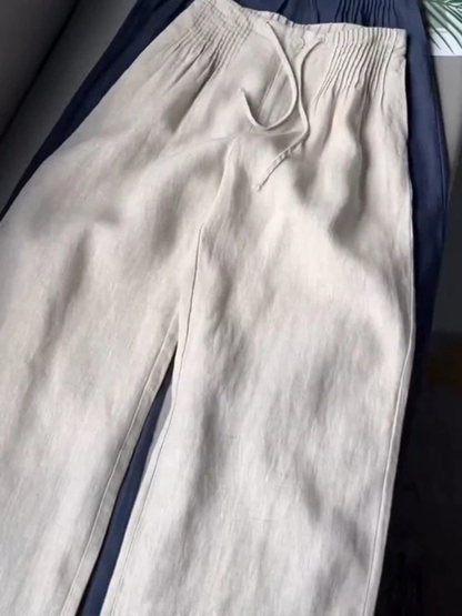 Effortless Linen Wide Leg Pants for Women with Smocked Waist Drawstring Relaxed Flowing Style