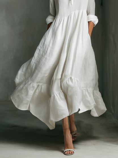 Effortless White Maxi Dress for Women with Stand Collar Button Placket Long Sleeve Tiered Linen Casual Style