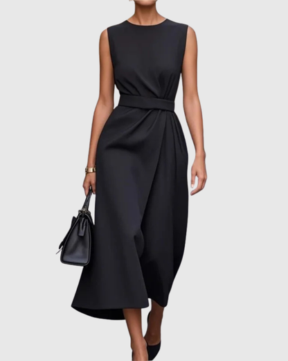 Elegant Satin Midi Dress for Women with Round Neck Sleeveless Wrap Waist Formal Wedding Guest Style