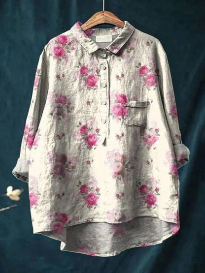 Effortless Floral Blouse for Women with Collar Long Sleeve Button Front High Low Hem Style