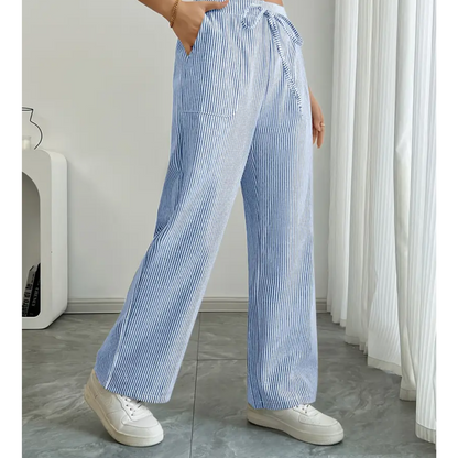 Effortless Striped Wide Leg Pants for Women with High Waist Drawstring Side Pocket Relaxed Casual Style