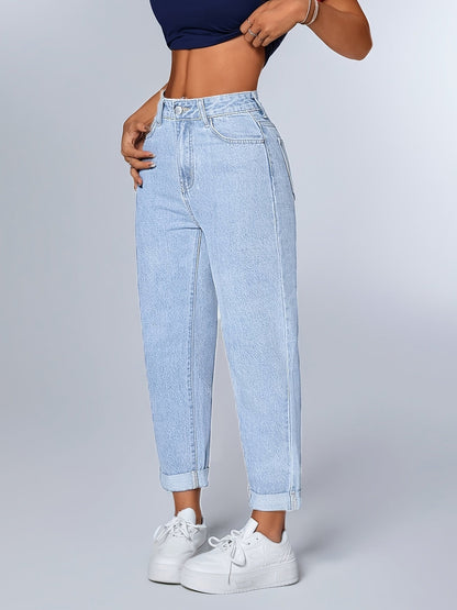 Effortless Light Blue Relaxed Mom Jeans for Women with High Waist Tapered Cuffed Hem