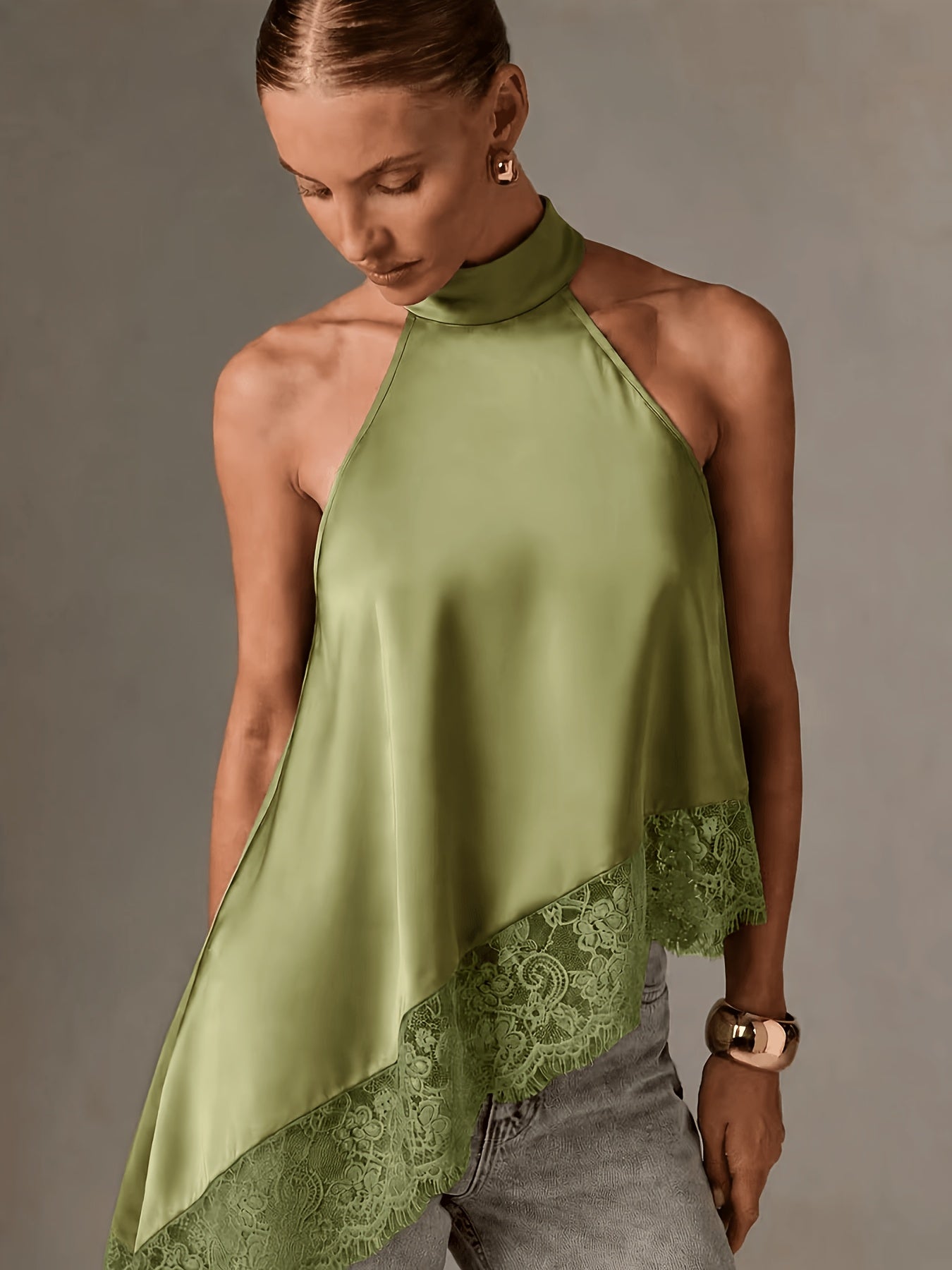 Elegant Satin Lace Trim Blouse for Women with Halter Neck Sleeveless Asymmetric Hem Silky Style