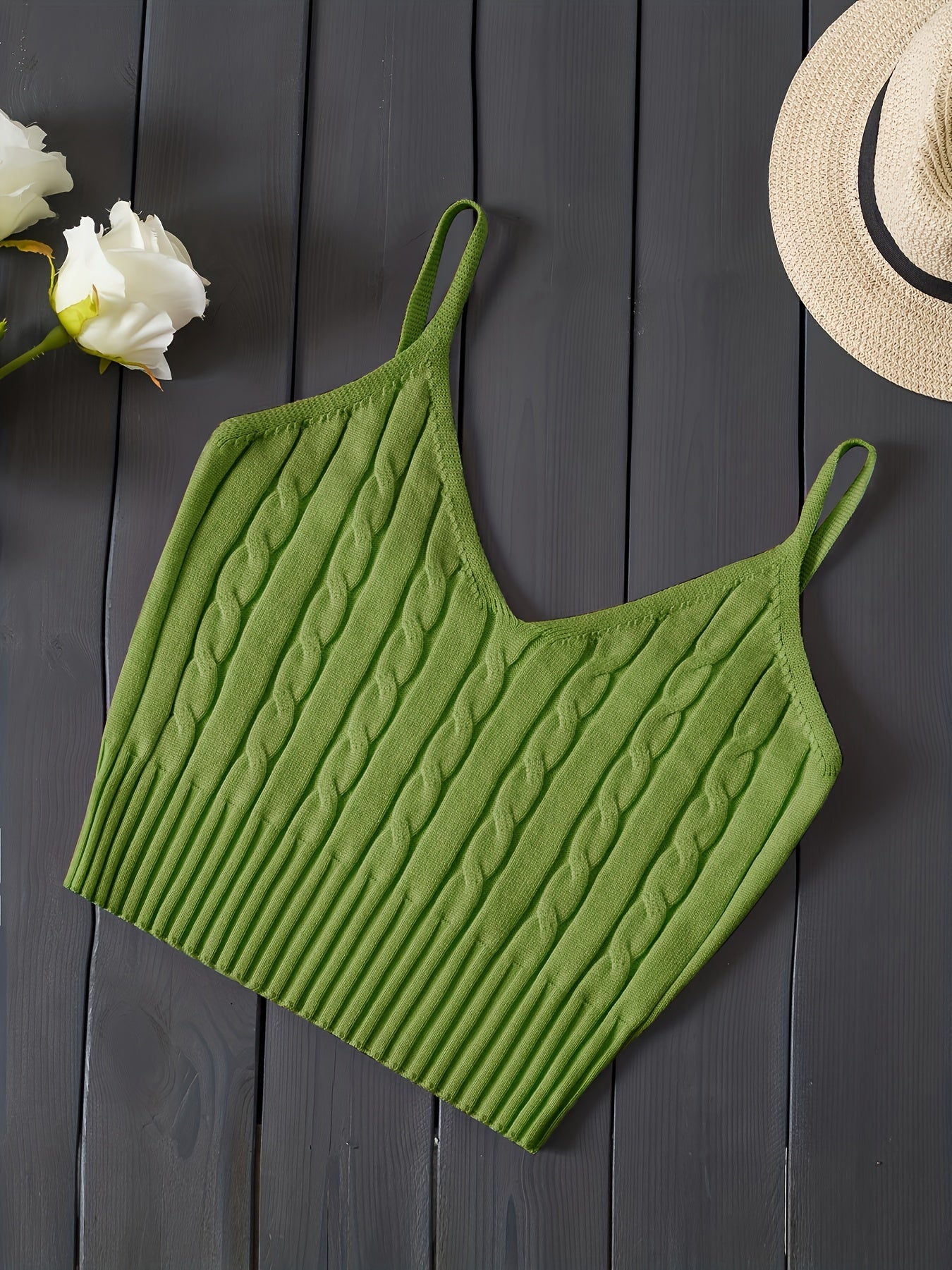 Comfortable Cable Knit Tank Top for Women with V Neck Sleeveless Ribbed Cropped Style