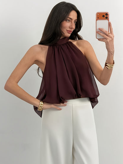 Elegant Burgundy Chiffon Blouse for Women with High Neck Sleeveless Tie Back Flowing Style