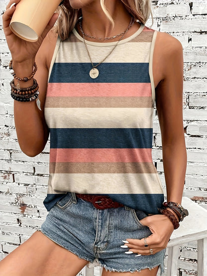 Effortless Multicolor Striped Tank Top for Women with Crew Neck Sleeveless Relaxed Casual Style