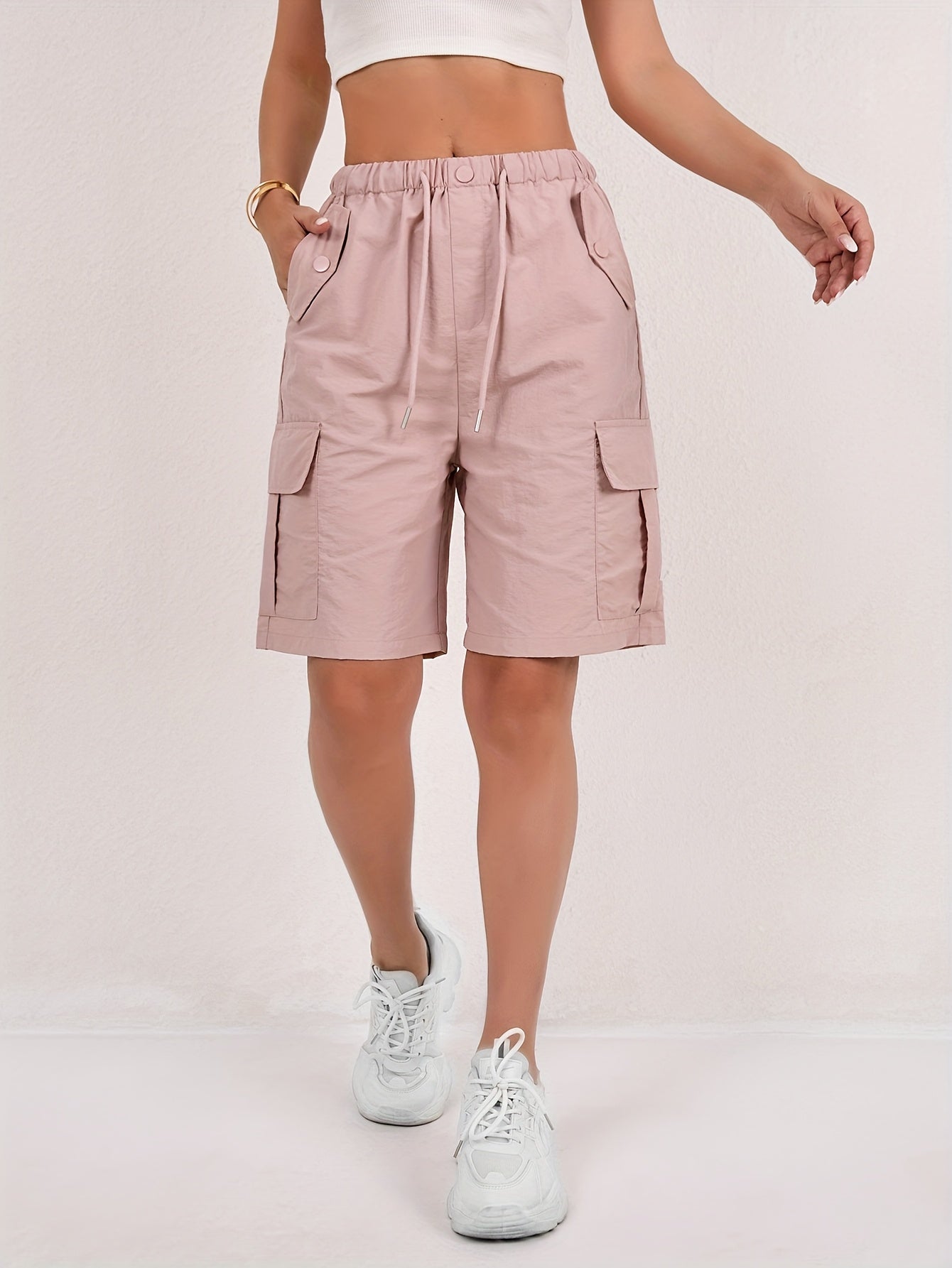 Effortless Pink Cargo Shorts for Women with Elastic Waist Drawstring Flap Pocket Relaxed Casual Style