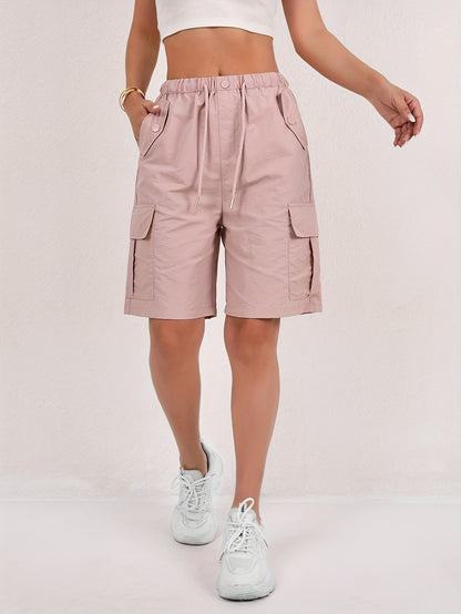 Effortless Pink Cargo Shorts for Women with Elastic Waist Drawstring Flap Pocket Relaxed Casual Style