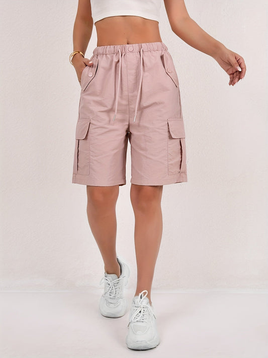 Effortless Pink Cargo Shorts for Women with Elastic Waist Drawstring Flap Pocket Relaxed Casual Style