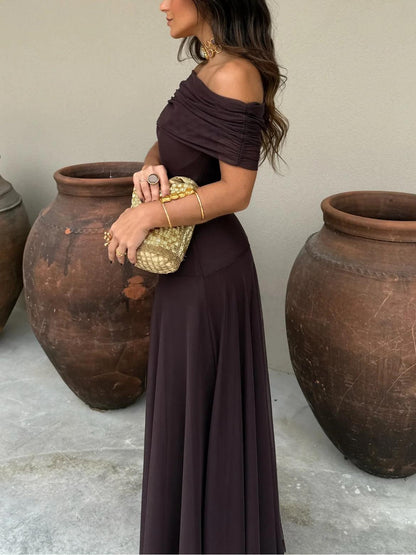 Elegant Sheer Mesh Maxi Dress for Women with Off Shoulder Short Sleeve Ruched Flowing Style