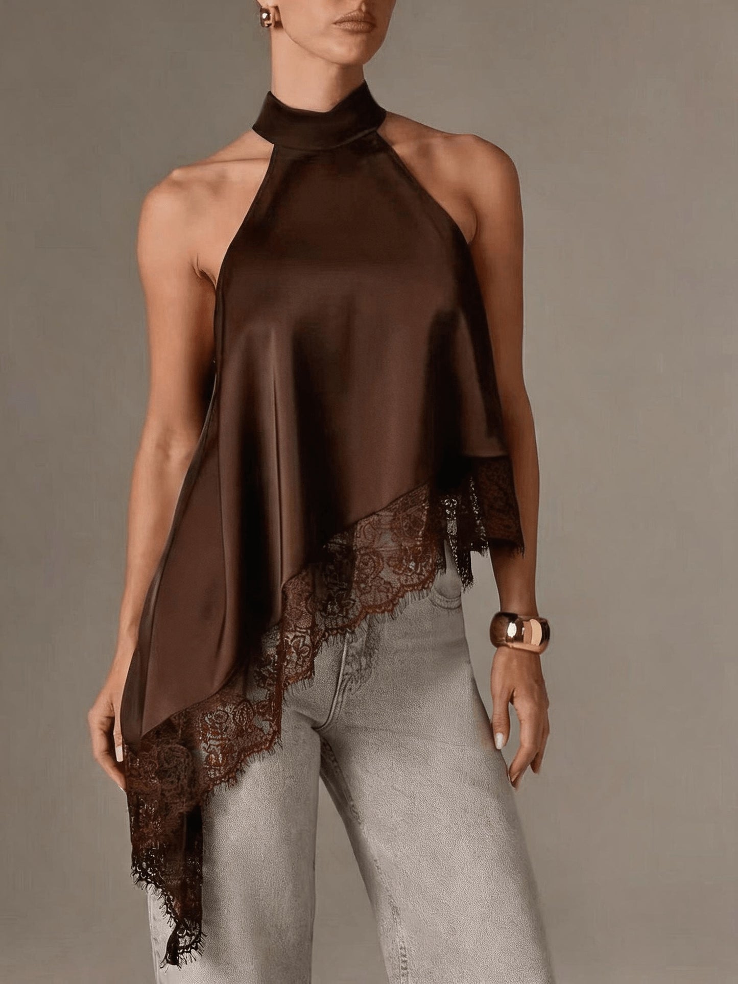 Elegant Satin Lace Trim Blouse for Women with Halter Neck Sleeveless Asymmetric Hem Silky Style