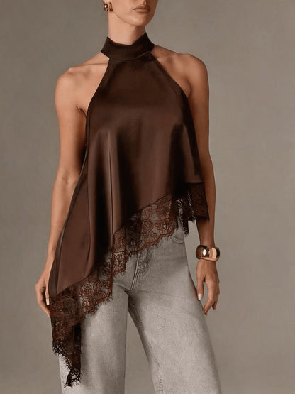 Elegant Satin Lace Trim Blouse for Women with Halter Neck Sleeveless Asymmetric Hem Silky Style