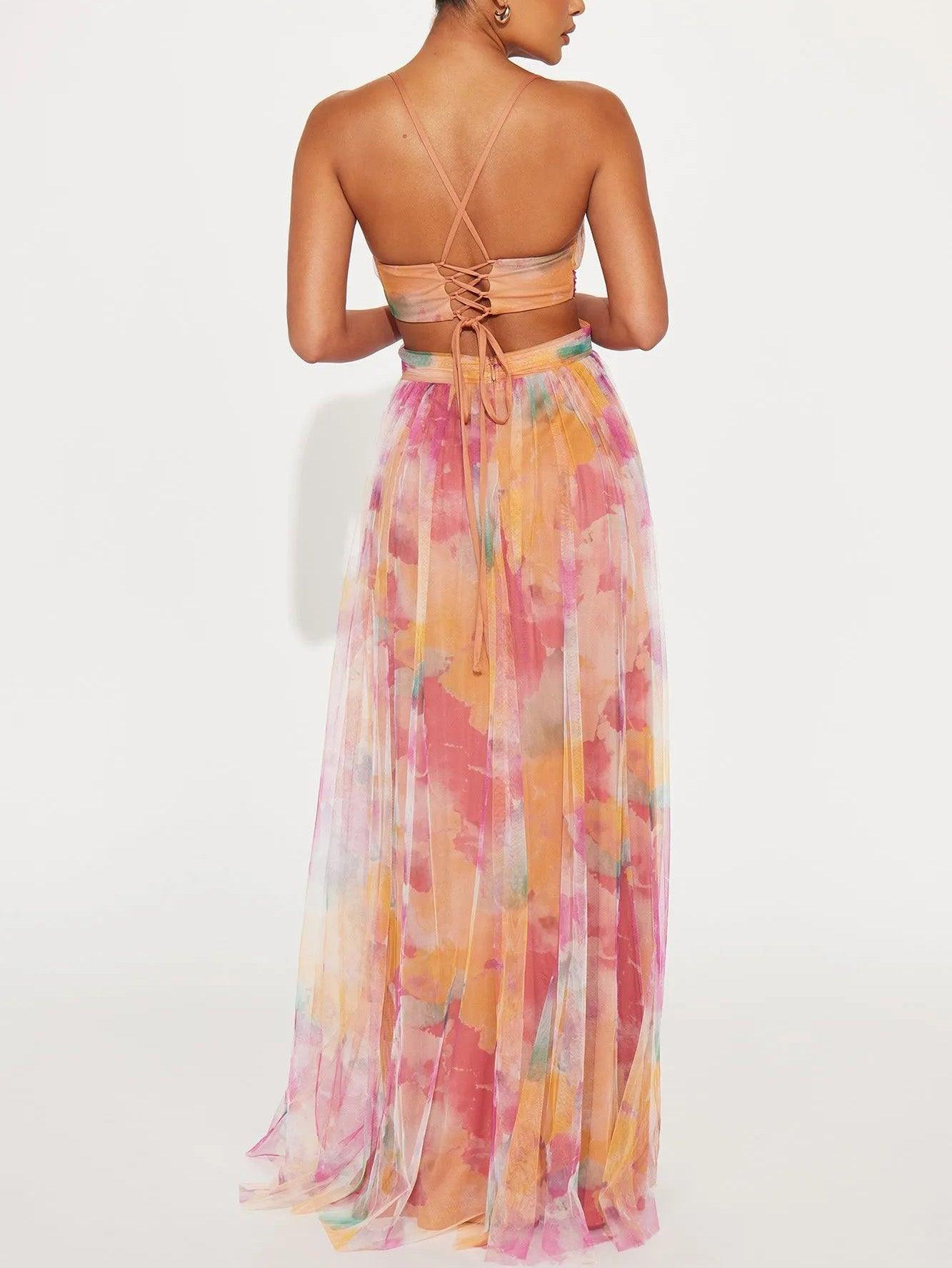 Elegant Watercolor Floral Maxi Dress for Women with V Neck Crisscross Waist Cutout Flowing Style