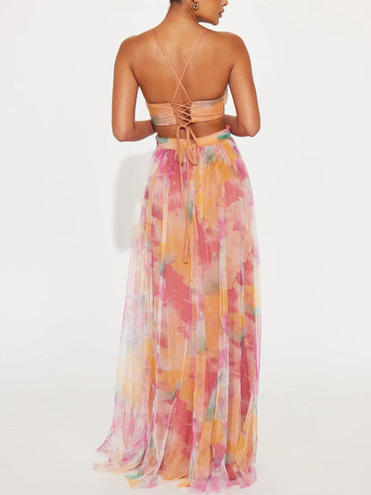 Elegant Watercolor Floral Maxi Dress for Women with V Neck Crisscross Waist Cutout Flowing Style