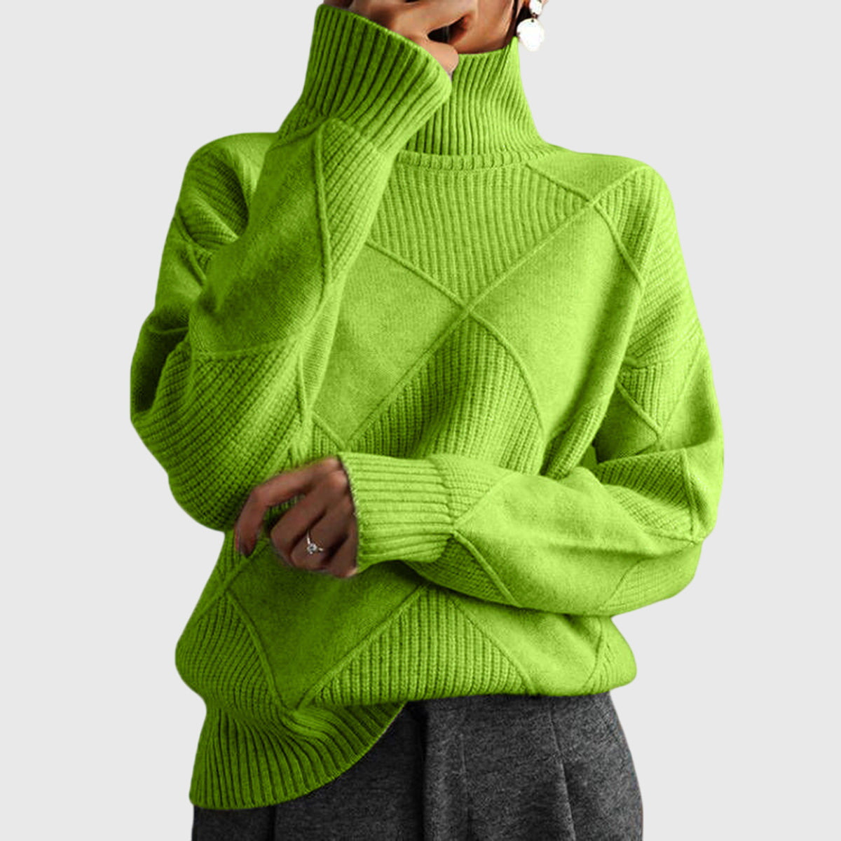 Comfortable Diamond Pattern Sweater for Women with Turtleneck Long Sleeve Relaxed Oversized Knit Style