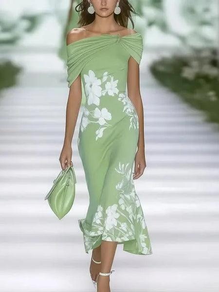 Elegant Floral Midi Dress for Women with Off Shoulder Draped Mermaid Flowing Style