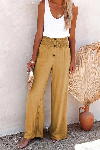 Effortless Linen Wide Leg Pants for Women with High Waist Smocked Button Front Relaxed Style