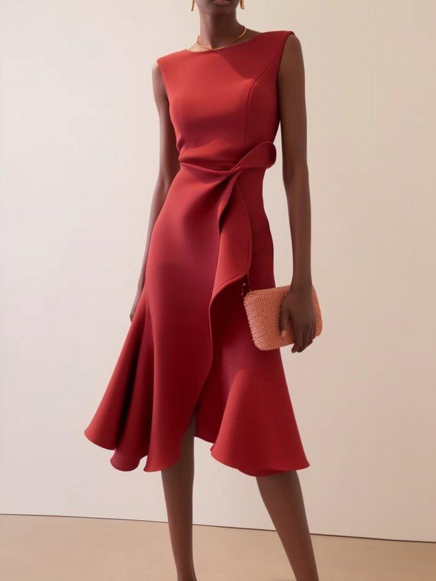 Elegant Draped Midi Dress for Women with Round Neck Sleeveless Asymmetrical Ruffle Flowing Style