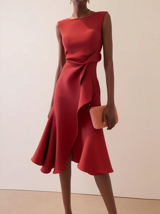 Elegant Draped Midi Dress for Women with Round Neck Sleeveless Asymmetrical Ruffle Flowing Style