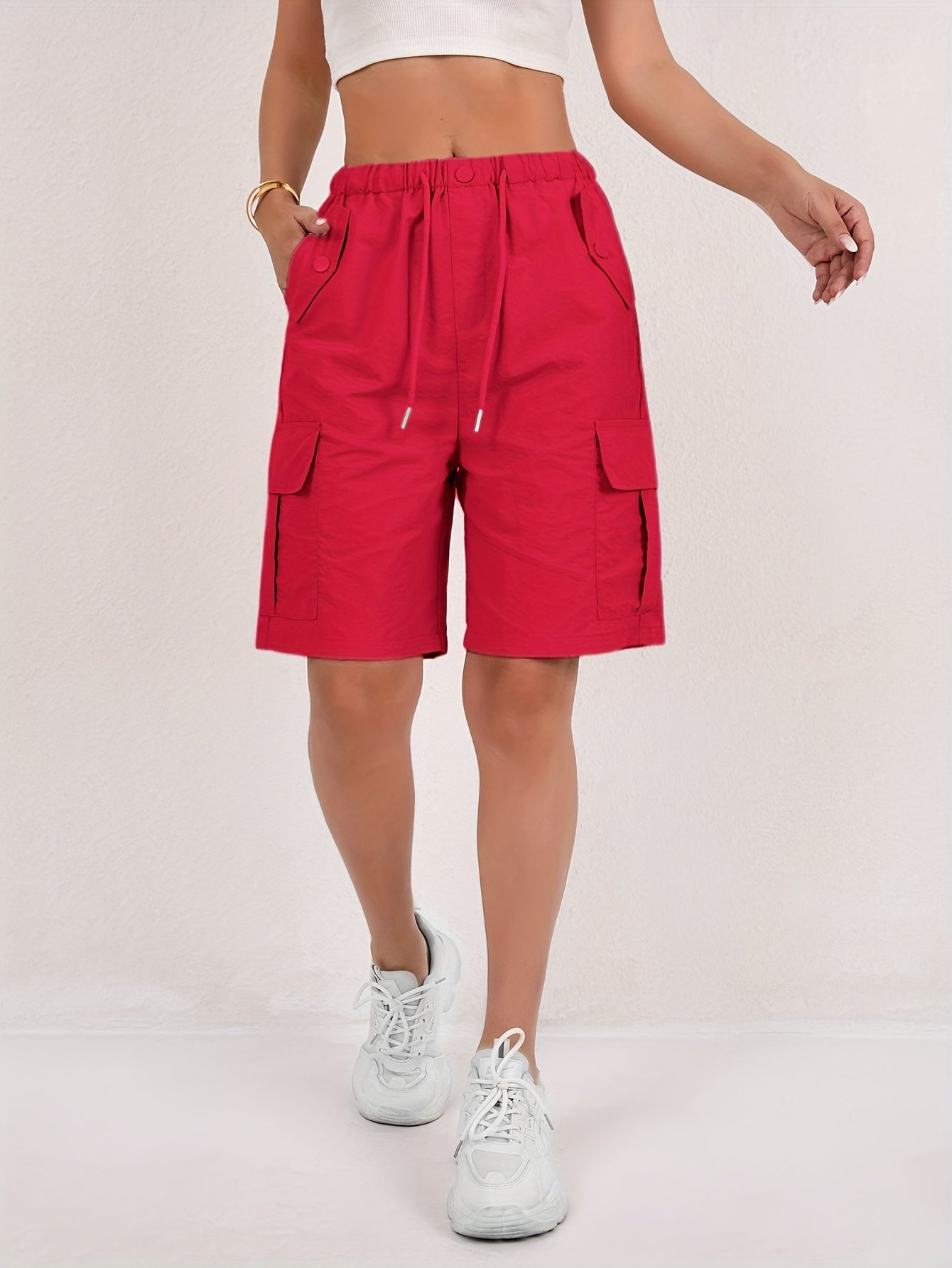 Effortless Pink Cargo Shorts for Women with Elastic Waist Drawstring Flap Pocket Relaxed Casual Style