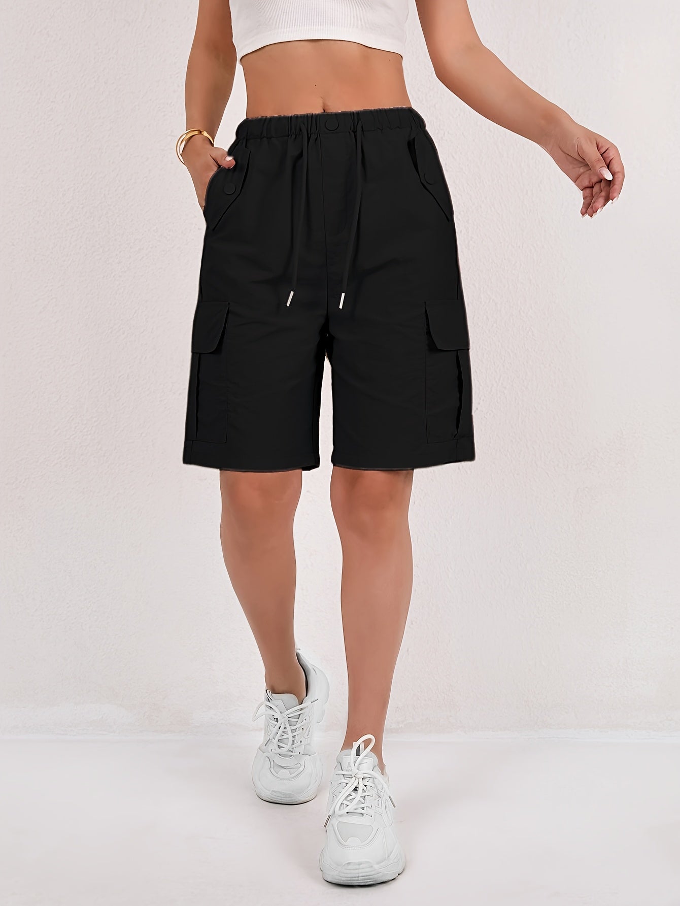 Effortless Pink Cargo Shorts for Women with Elastic Waist Drawstring Flap Pocket Relaxed Casual Style