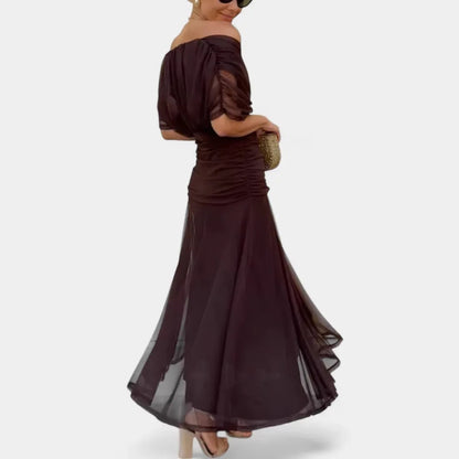 Elegant Off Shoulder Maxi Dress for Women with Draped Bodice Ruched Waist Formal Wedding Guest Style
