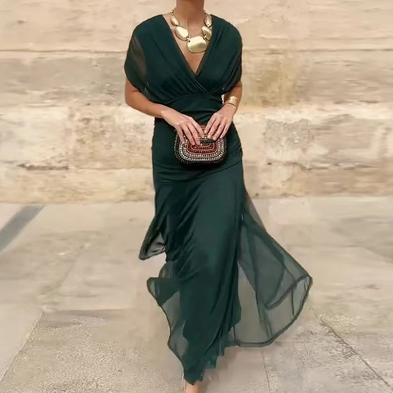 Elegant Off Shoulder Maxi Dress for Women with Draped Bodice Ruched Waist Formal Wedding Guest Style